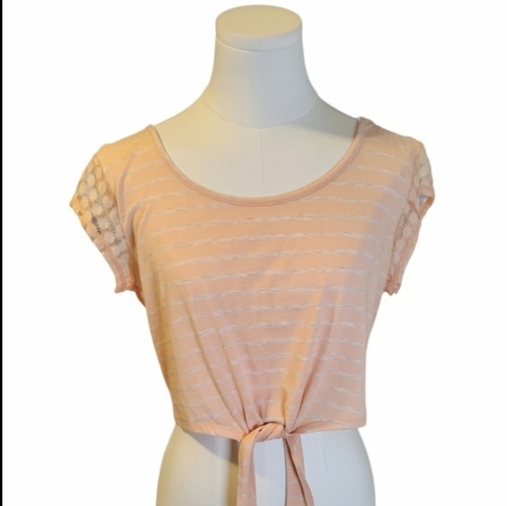 NWT Poof! Peach Summer Lace Striped Cropped Tie Front Blouse Size Medium